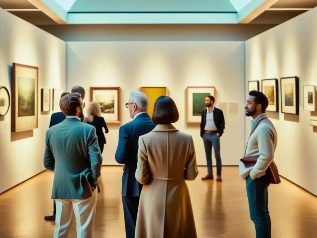 Vista vintage de una concurrida galería de arte, donde patrones culturales y preferencias inversores se entrelazan en animadas conversaciones