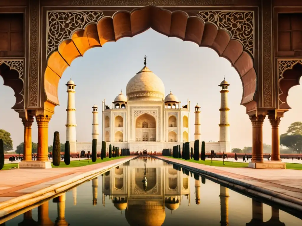 Vista vintage en sepia de la fachada simétrica del Taj Mahal resaltando sus patrones artísticos de arquitectura mundial en Agra, India