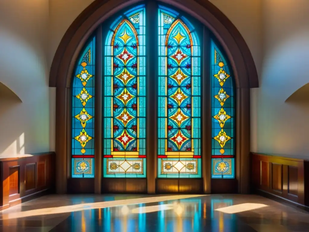 Un vitral vintage, con patrones simétricos en colores vibrantes, proyecta un caleidoscopio de luz en una catedral