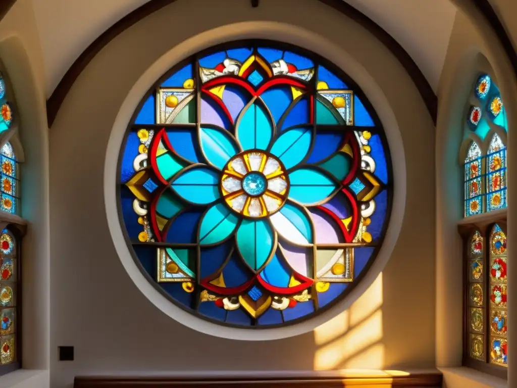 Ventana de vitral histórico con patrones geométricos y colores vibrantes Vitrales artísticos Europa: Un deslumbrante vitral de catedral europea, con patrones geométricos y colores vibrantes, iluminado por la luz del sol
