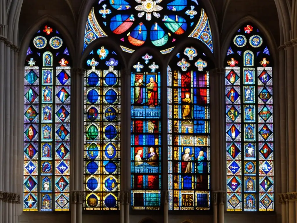 Vitrales góticos en La Catedral de Chartres, deslumbrantes colores y detalles, luz del sol creando un espectáculo de sombras y colores