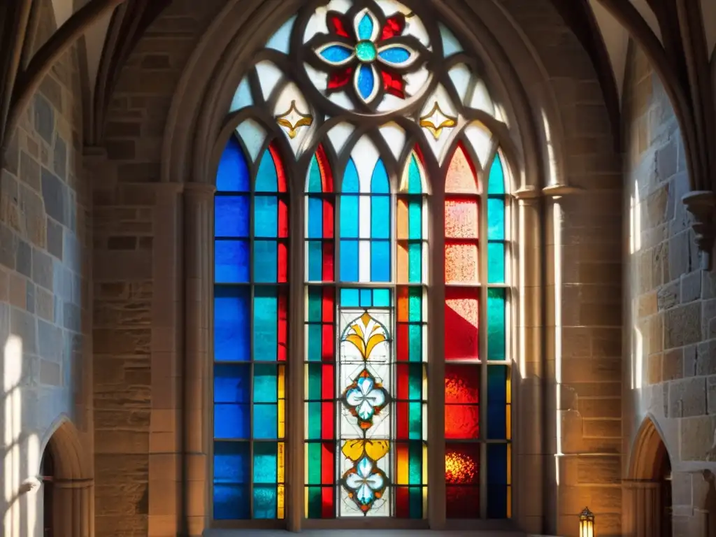 Vitrales góticos con transparencias de colores en iglesia antigua