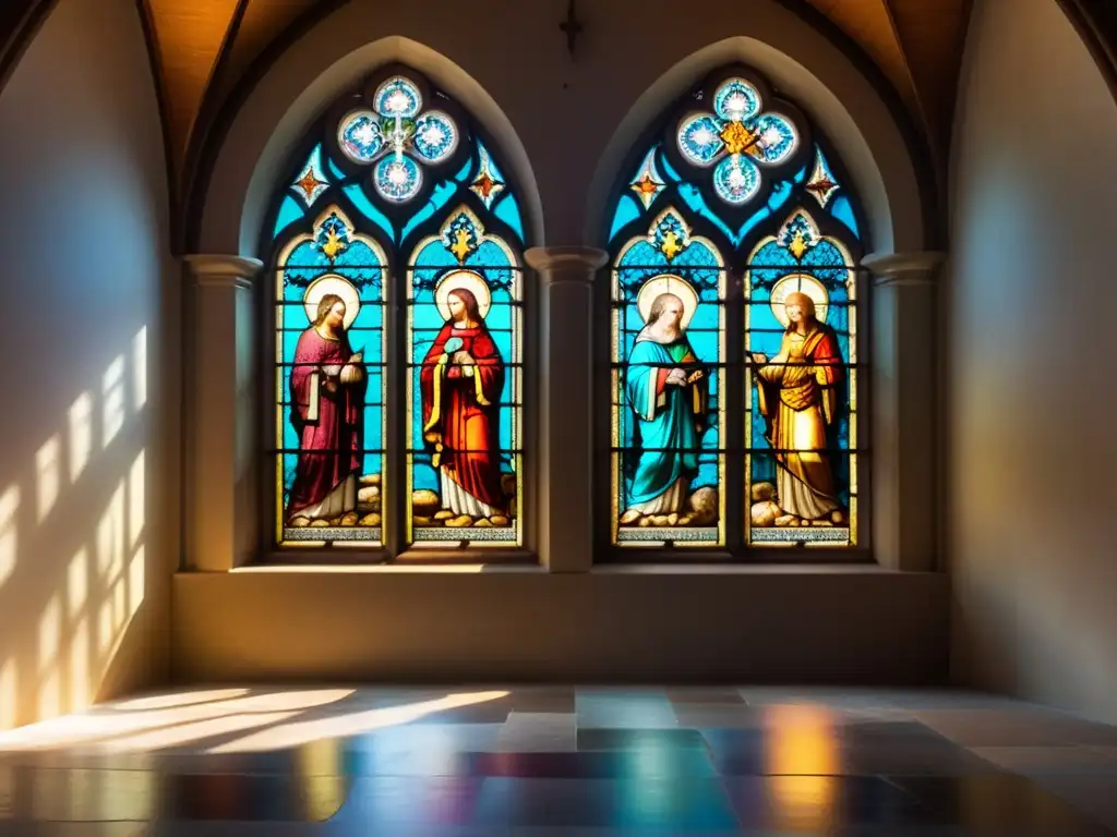 Vitrales en iglesia gótica: transparencias coloridas y detalladas, reflejos del sol en el suelo de piedra antigua