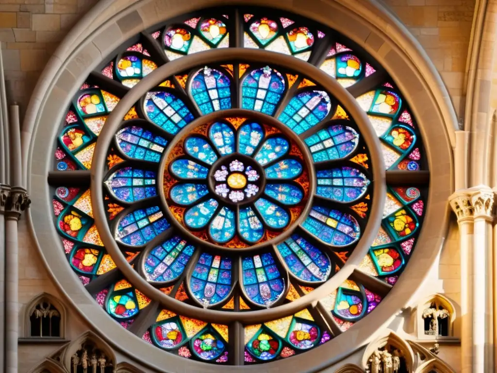 Vívida ventana rosa de la catedral Notre Dame con patrones geométricos arte gótico en vitrales y piedra antigua