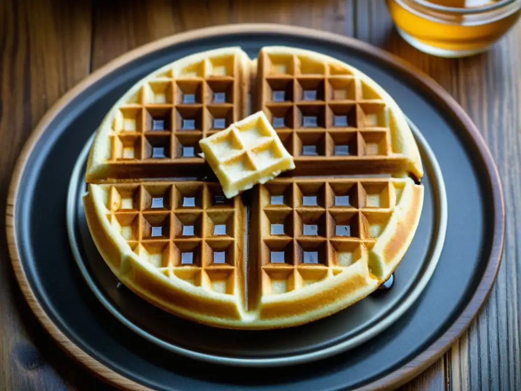 Un waffle recién horneado en una placa de madera vintage, resaltando sus patrones cuadriculados en una escena cálida y nostálgica