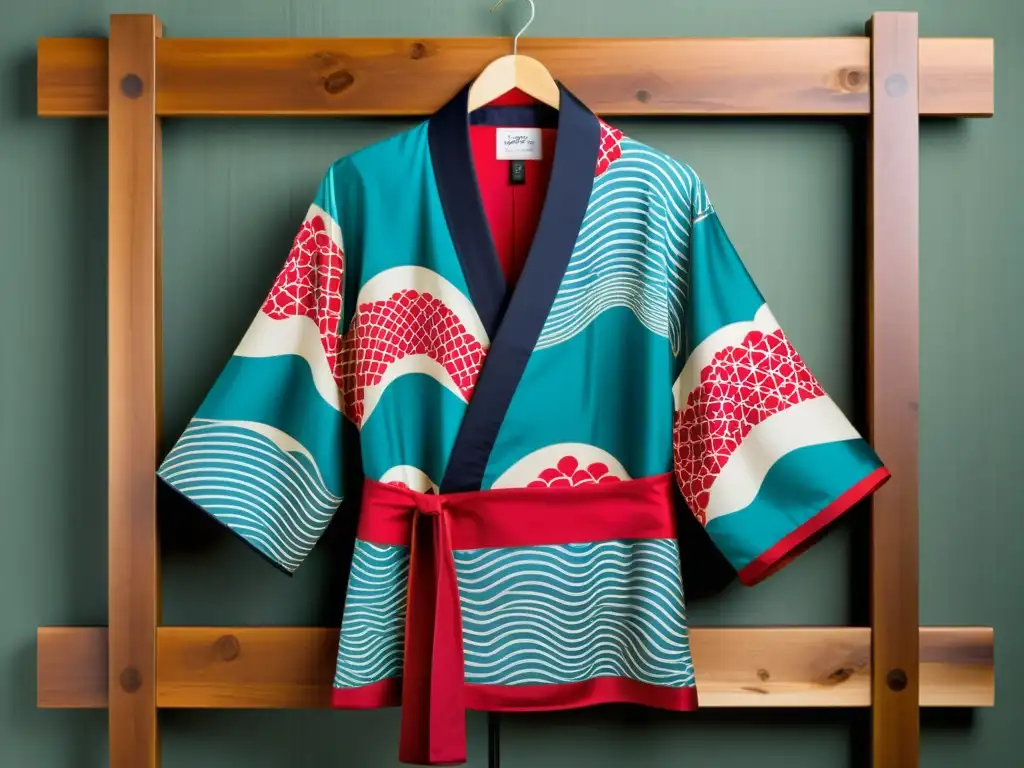 Un yukata japonés con patrones icónicos y colores vibrantes, exhibiendo elegancia y tradición en su diseño