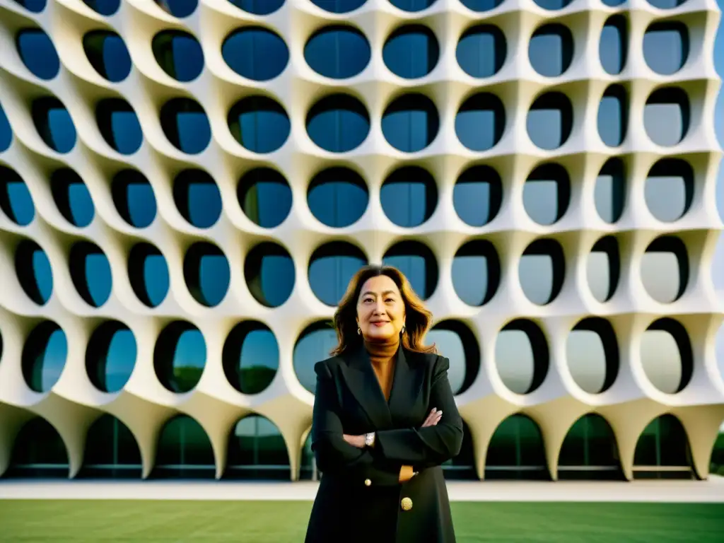 Zaha Hadid posa frente a su diseño arquitectónico modular, destacando la innovación en diseño artístico